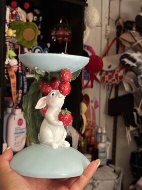 Hand-Painted Ceramic Bunny & Strawberry Pedestal - Light Blue